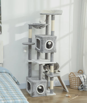 PawHut Kattenkrabpaal 165 cm Grijs - Klimtoren met Krabpalen, Hangmat, Platforms en Speeltjes