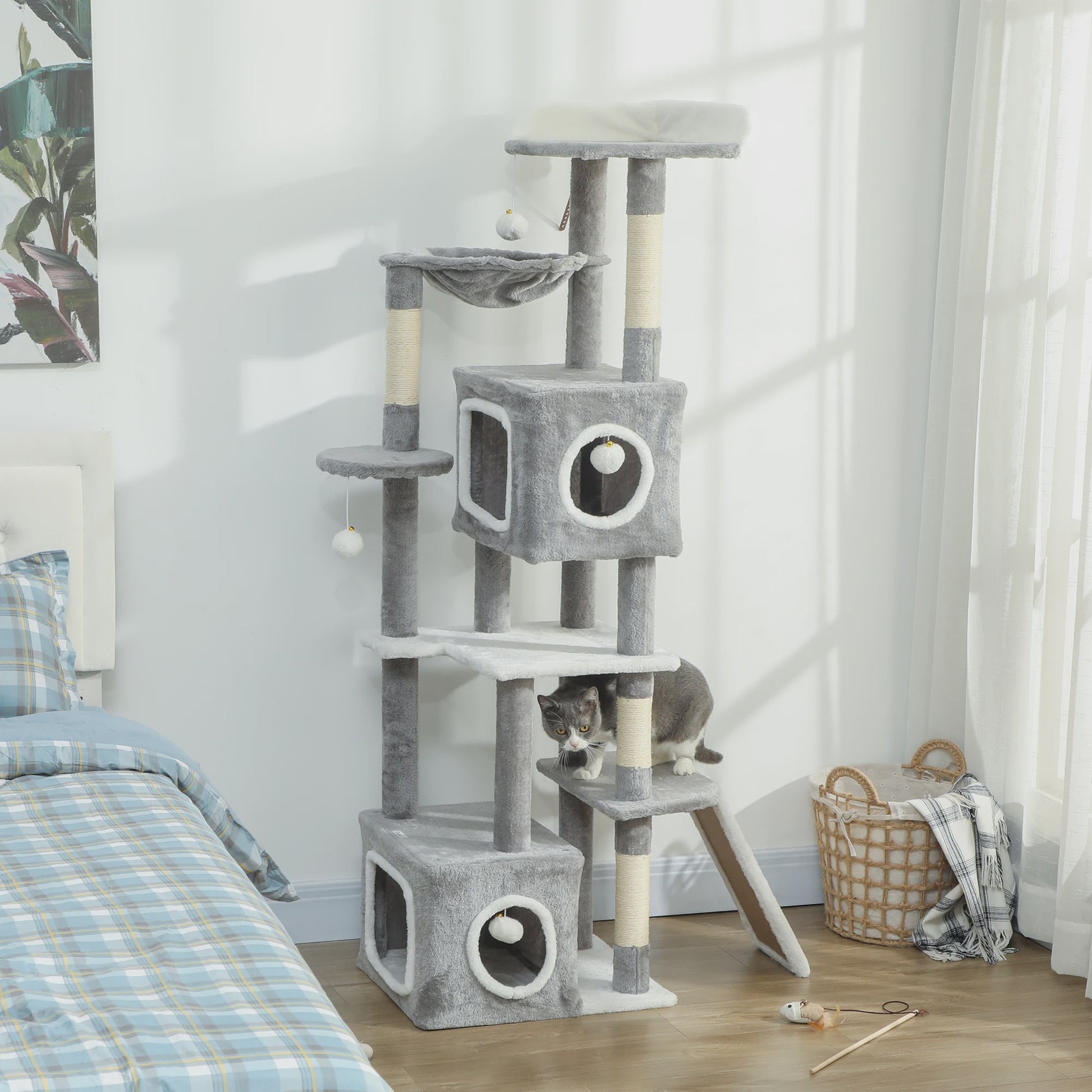 PawHut Kattenkrabpaal 165 cm Grijs - Klimtoren met Krabpalen, Hangmat, Platforms en Speeltjes