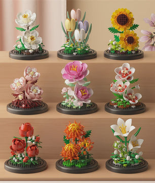 Bloemen Boeket Bonsai Bouwstenen Set - Decoratieve Miniatuur Plant in Glazen Koepel