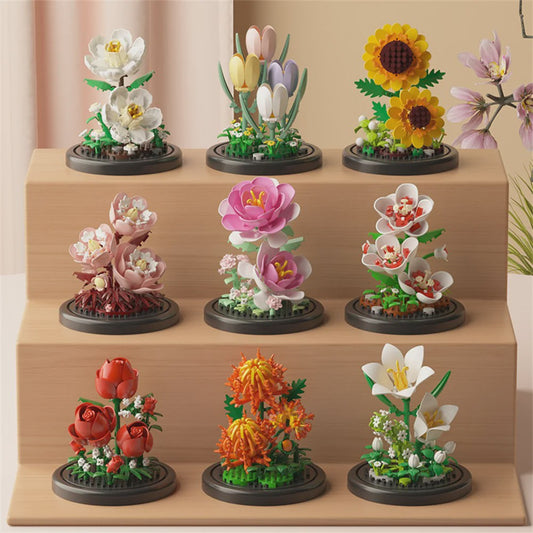 Bloemen Boeket Bonsai Bouwstenen Set - Decoratieve Miniatuur Plant in Glazen Koepel