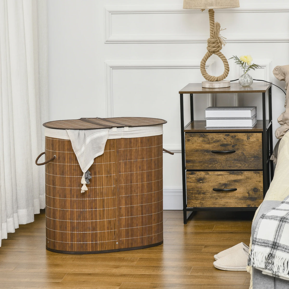 Homcom Bamboe Wasbox met Deksel en 2 Compartimenten - 100L