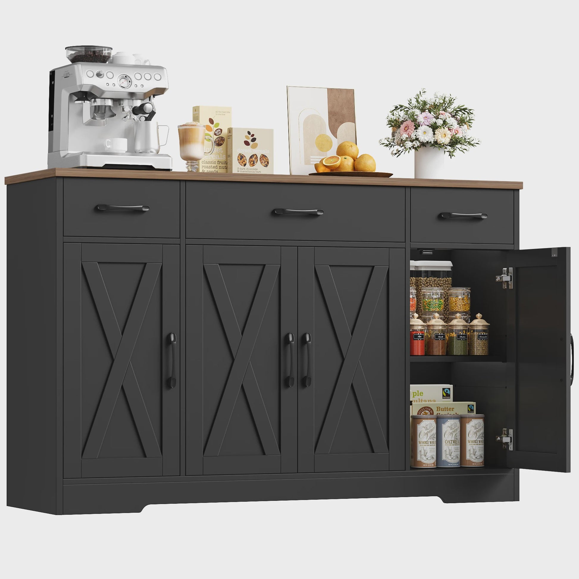 Stijlvol Dressoir 140cm met 4 Barn Doors en 3 Lades - Opbergkast voor Woonkamer of Keuken