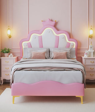 Betoverend Prinsessenbed 90x200cm met Kroon Hoofdbord, LED Verlichting en Lattenbodem
