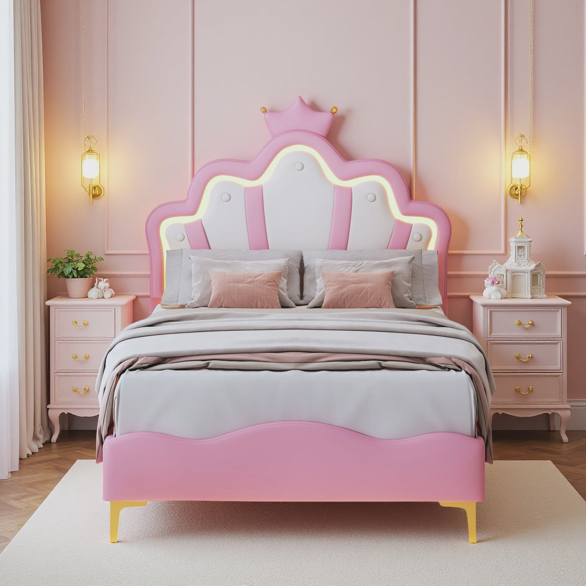 Betoverend Prinsessenbed 90x200cm met Kroon Hoofdbord, LED Verlichting en Lattenbodem