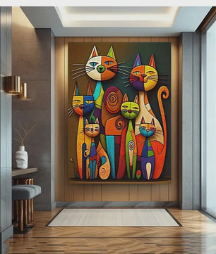 Abstracte Katten Canvas Schilderij - Kleurrijk Cartoon Dieren Poster Kunst