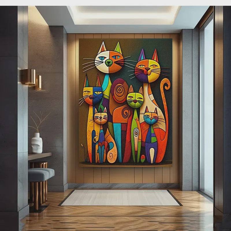Abstracte Katten Canvas Schilderij - Kleurrijk Cartoon Dieren Poster Kunst