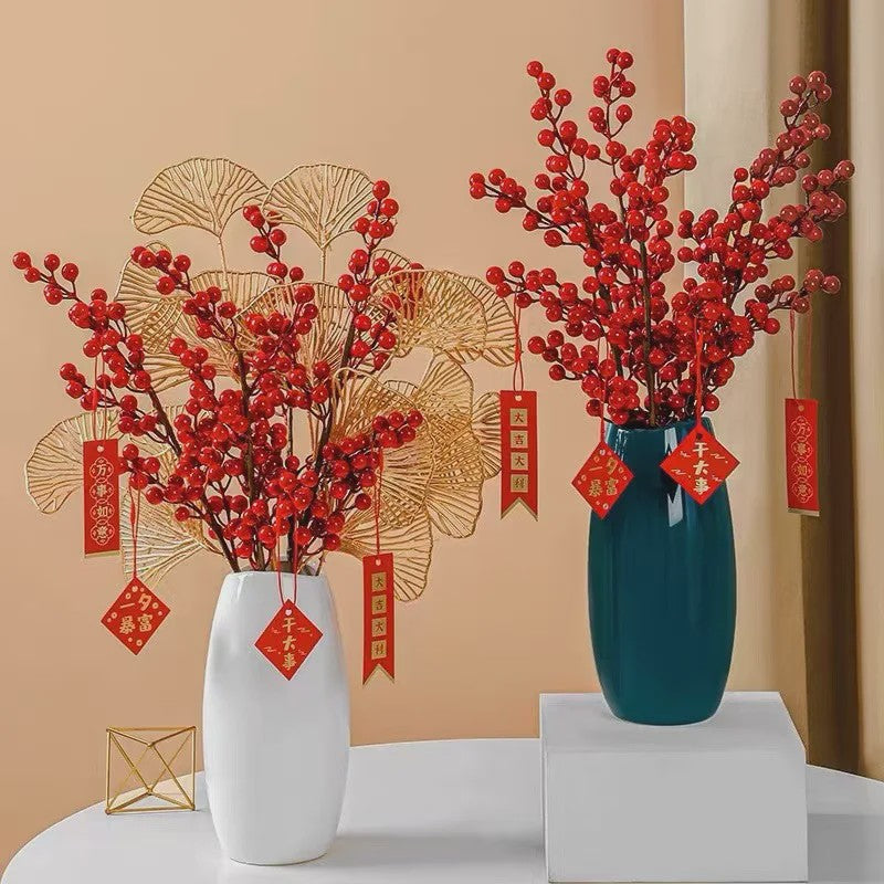 Decoratieve Takken met Rode Bessen en Gouden Bladeren - Chinees Nieuwjaar & Lente Decoratie