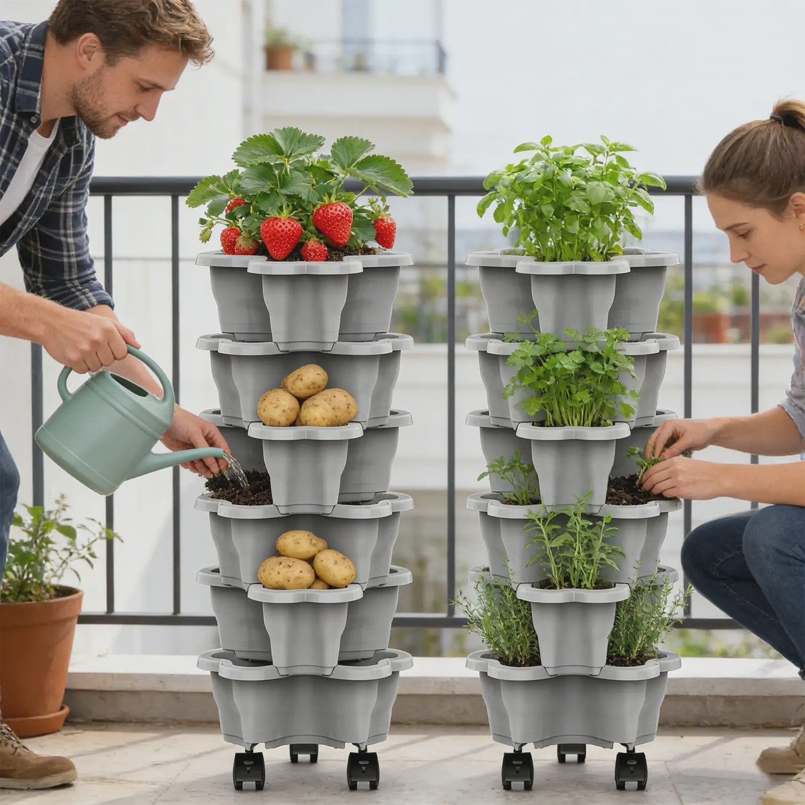 Stapelbare Verticale Bloementoren met Wieltjes - 5 Lagen Aardbeienplanter