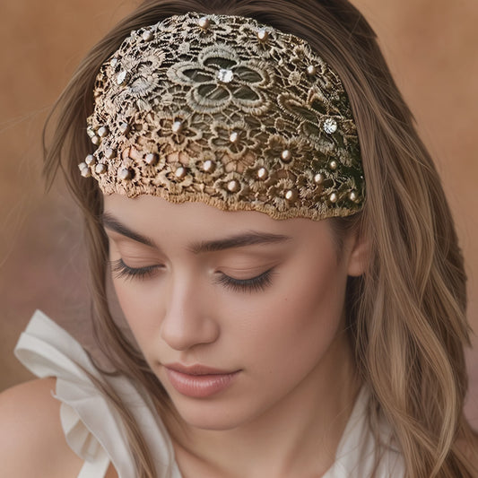 Elegante Bloemen Haarband met Parels en Kant - Stijlvolle Hoofdband voor Dames