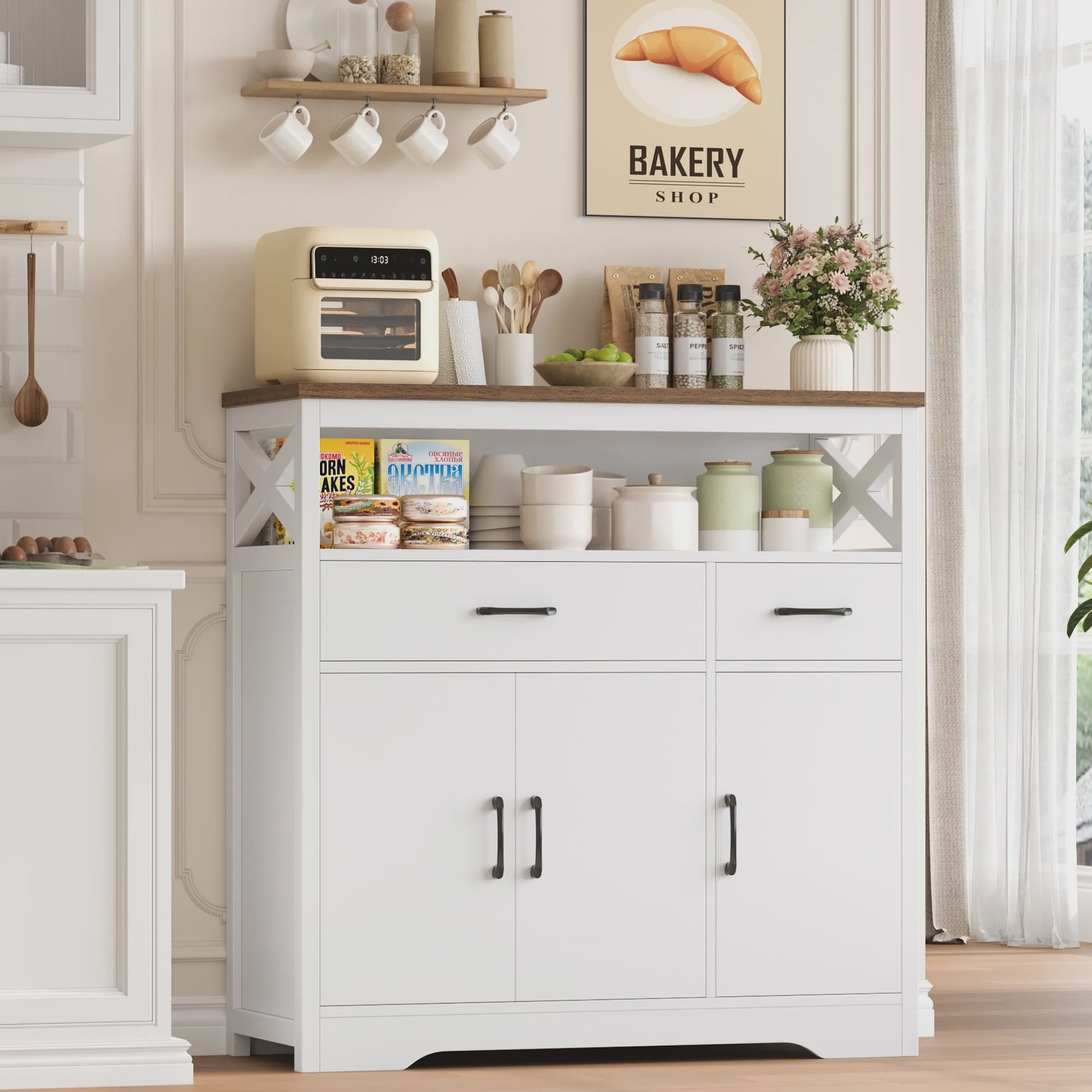 Stijlvol Wit Sideboard met 2 Lades en 3 Deuren - Buffetkast voor Woon- en Eetkamer