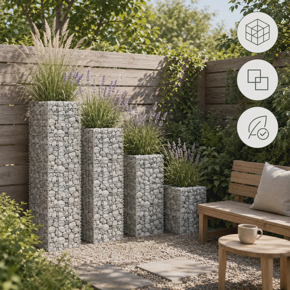 Gabion Verhoogde Plantenbak Set 4 Stuks - 30x30 cm, 50-200 cm Hoog - Tuin & Terras