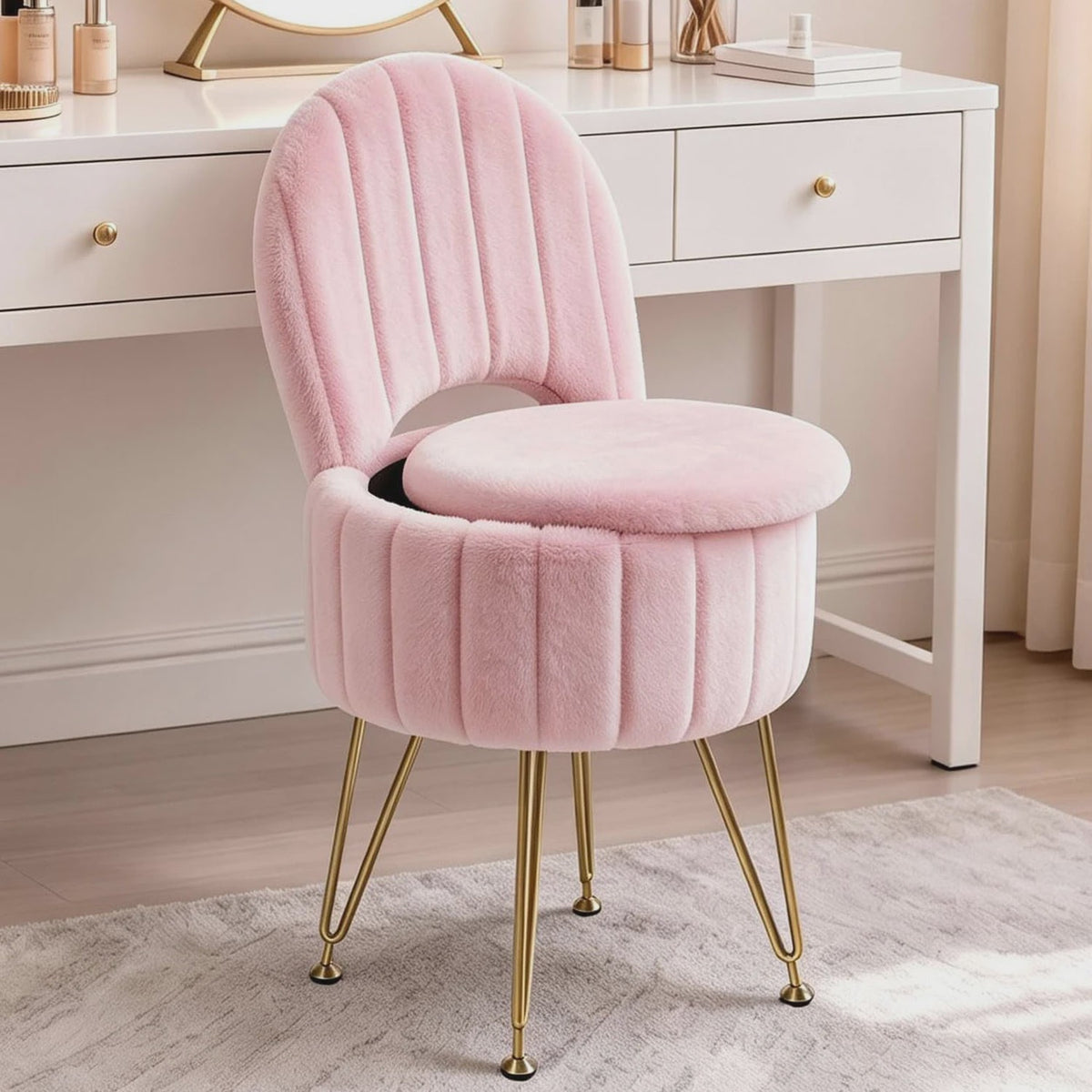 Luxe Fauteuil met Opbergruimte en Pluche Bekleding - Kaptafel Stoel