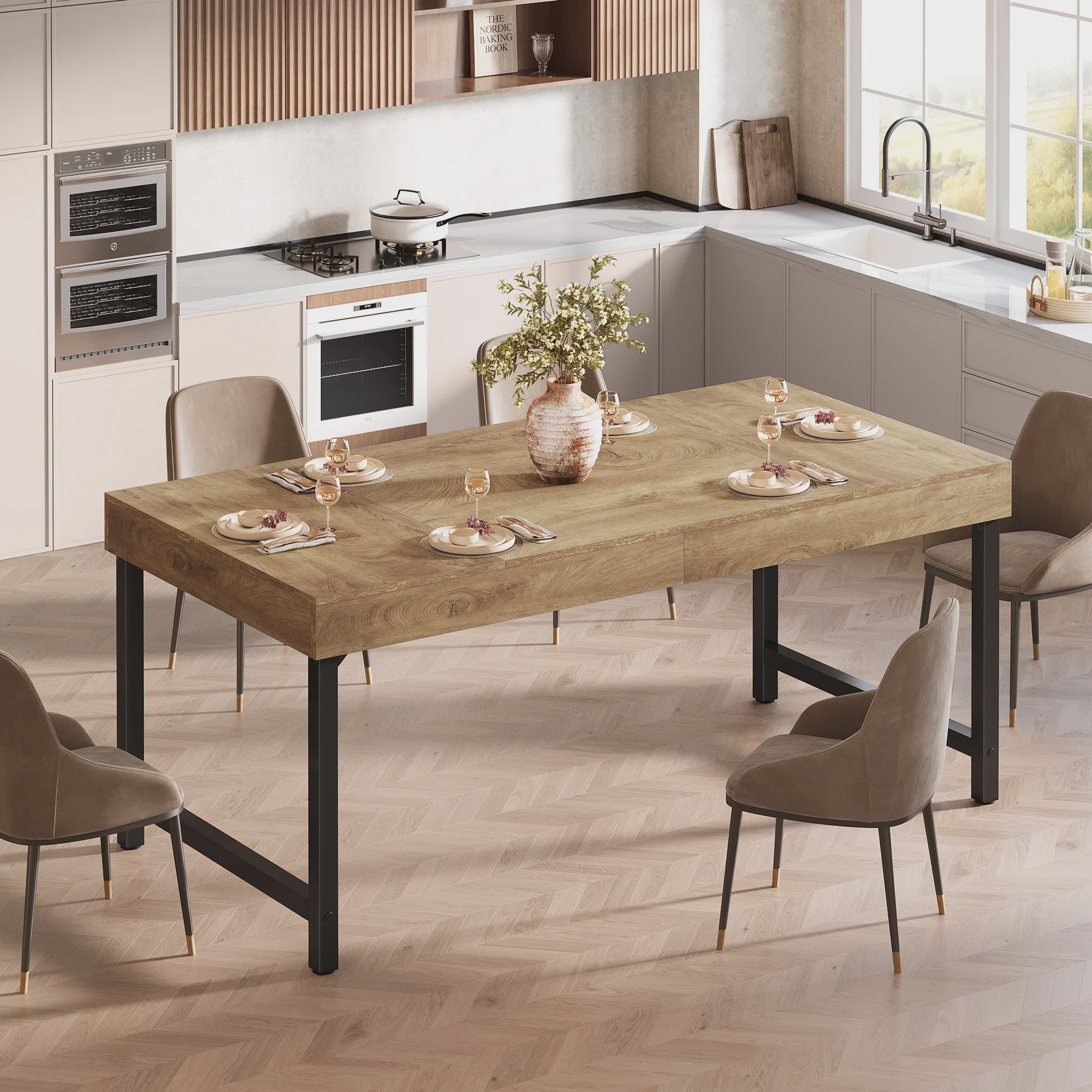 Industriële Eettafel voor 4-6 Personen - 140 cm Houtlook met Zwart Metaal
