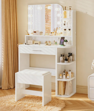 Kaptafel met Verlichte Spiegel, Lade, Haken en Ingebouwde Oplaadstation - Ideaal voor Kleine Appartementen