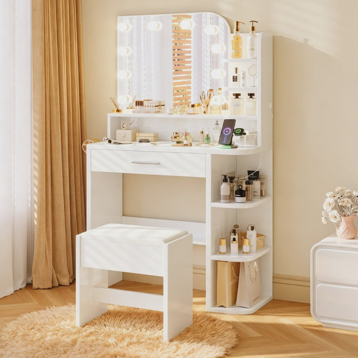 Kaptafel met Verlichte Spiegel, Lade, Haken en Ingebouwde Oplaadstation - Ideaal voor Kleine Appartementen
