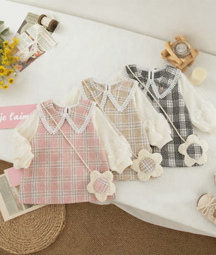 Schattige Baby Meisjes Jurk met Ruitpatroon, Kant en Lange Mouwen - Lente/Herfst