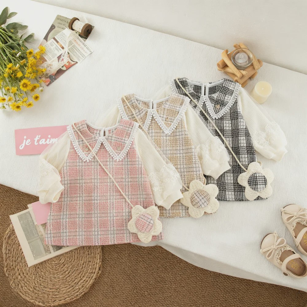 Schattige Baby Meisjes Jurk met Ruitpatroon, Kant en Lange Mouwen - Lente/Herfst