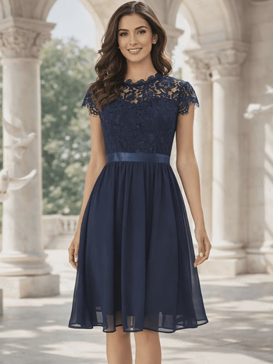 Elegante Zomer Midi Jurk met Korte Mouwen, Kant en A-lijn - Perfect voor Feestjes en Bruiloften
