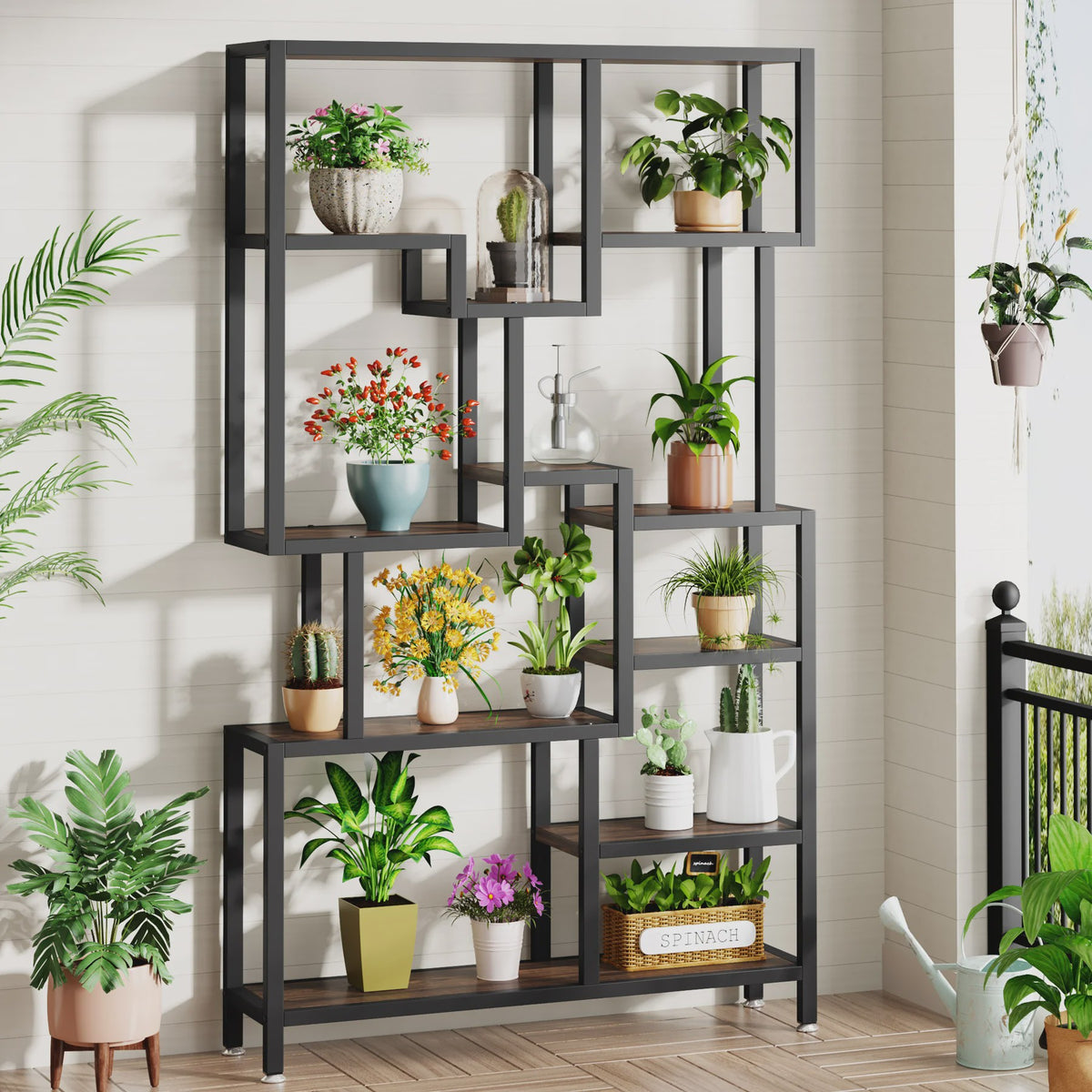 Industriële Boekenkast 7-Laags - 180cm Hoge Etagere met Metalen Frame & Rustiek Bruine Houten Planken
