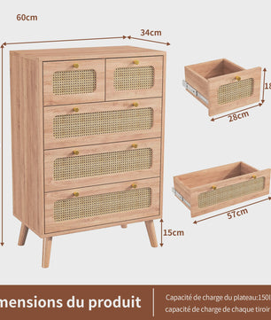 Stijlvolle Houten Ladekast met Rotan Fronten - 5 Lades