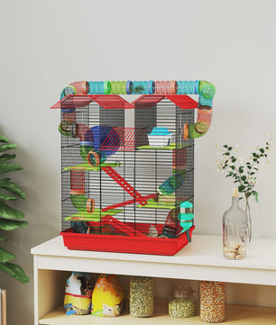 Grote Hamsterkooi met Tunnel, Loopwiel en Voerbak - 47x30x59 cm Rood