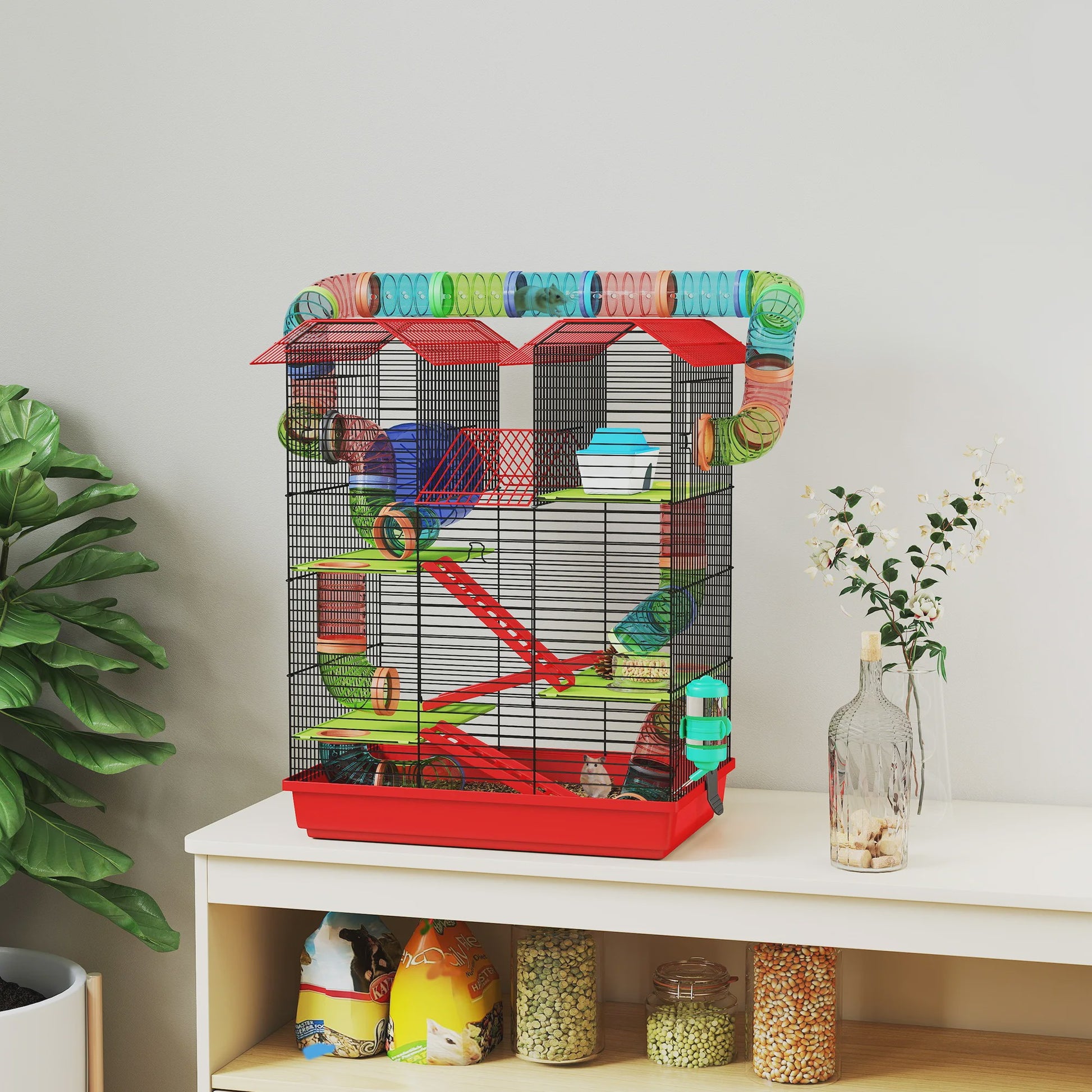 Grote Hamsterkooi met Tunnel, Loopwiel en Voerbak - 47x30x59 cm Rood