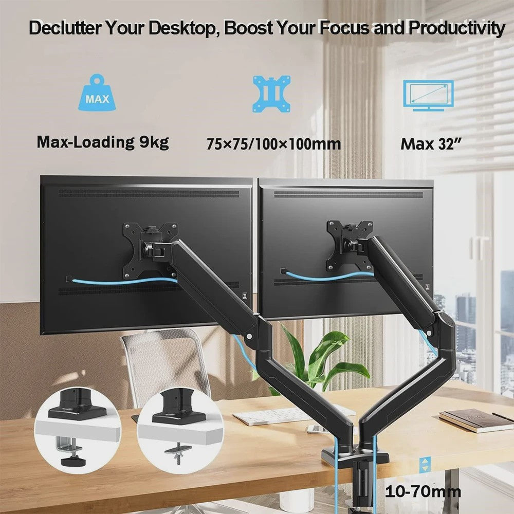 Dubbele Monitor Arm Bureauhouder - Verstelbaar voor 2x 32 inch Schermen, 10kg per Arm, VESA 100x100mm