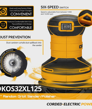 DEKO DKOS32XL125 320W Excentrische Schuurmachine - 14000 RPM met Stofafzuiging
