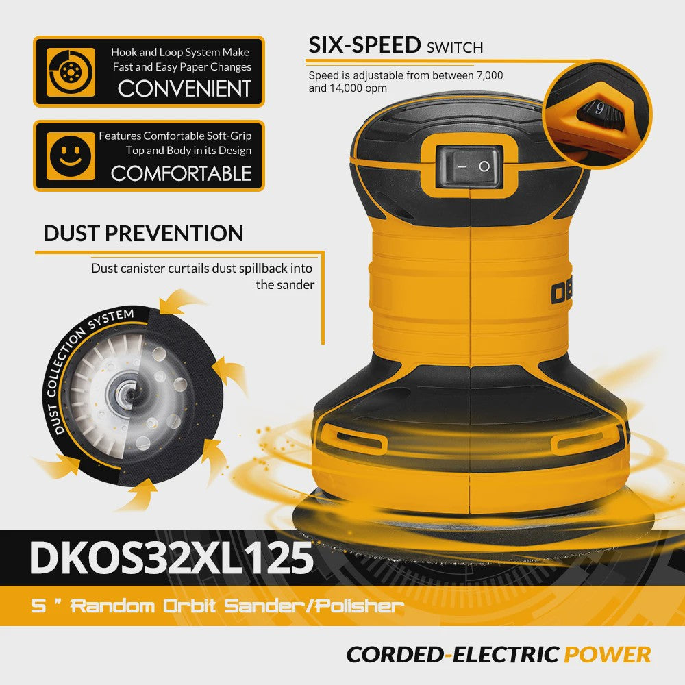 DEKO DKOS32XL125 320W Excentrische Schuurmachine - 14000 RPM met Stofafzuiging