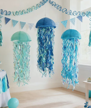 3x Blauwe Kwallen Lampionnen - Feestdecoratie Zee Thema Verjaardag & Babyshower