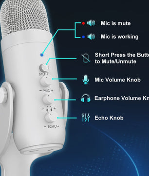 Professionele Witte USB Condensator Microfoon voor Studio, Gaming, Streaming & Podcasts