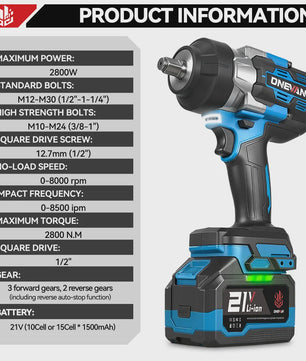 ONEVAN Accu Slagmoersleutel 2800 Nm Borstelloos - 5 Snelheden - Makita 18V Compatibel