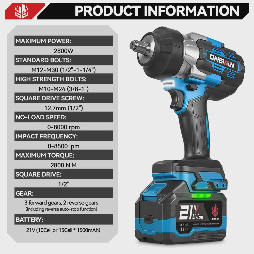 ONEVAN Accu Slagmoersleutel 2800 Nm Borstelloos - 5 Snelheden - Makita 18V Compatibel