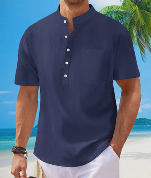 Herenshirt met Opstaande Kraag en Korte Mouwen - Katoen Linnen Mix - Casual Henley Stijl