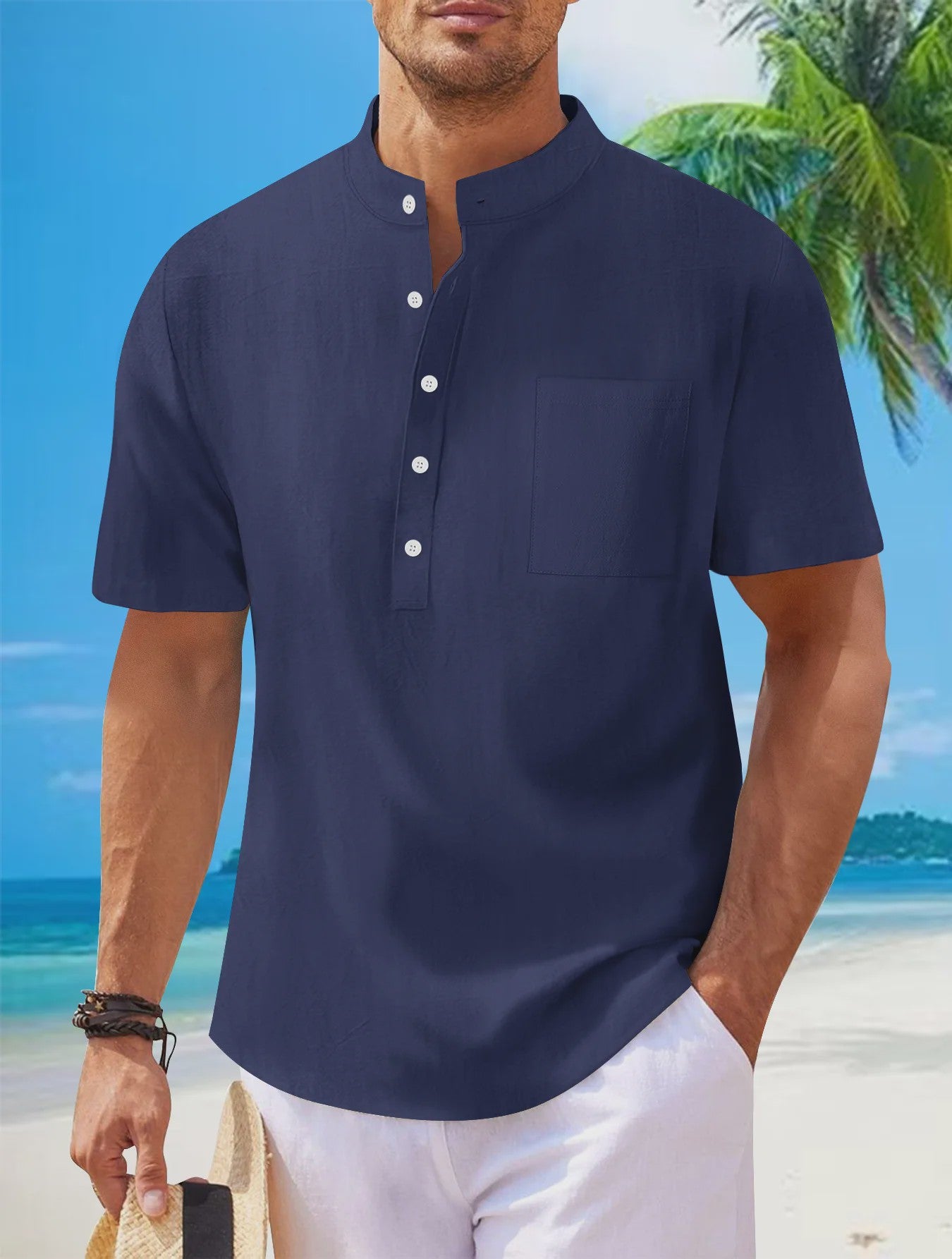 Herenshirt met Opstaande Kraag en Korte Mouwen - Katoen Linnen Mix - Casual Henley Stijl