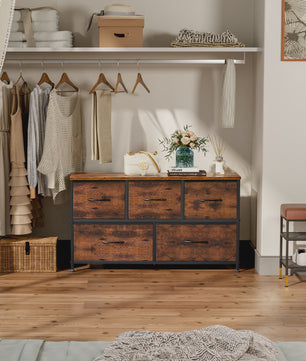 Stijlvolle Ladekast met 5 Stoffen Lades - Stalen Frame - Hout-look