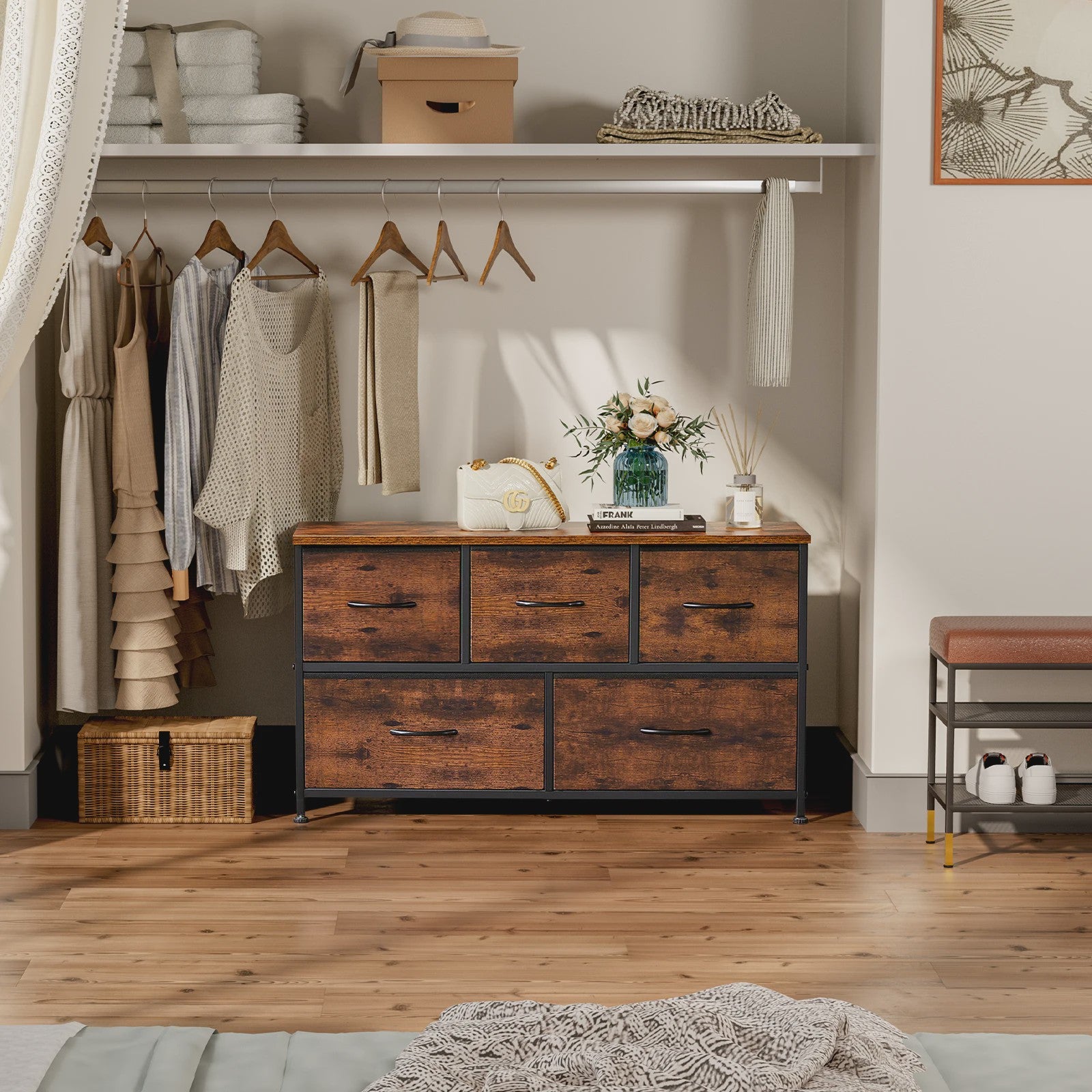 Stijlvolle Ladekast met 5 Stoffen Lades - Stalen Frame - Hout-look