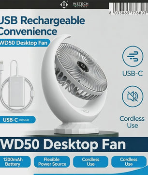 Draagbare USB Bureauventilator WD50 - Stil, Oplaadbaar met 3 Snelheden en 1200mAh Batterij