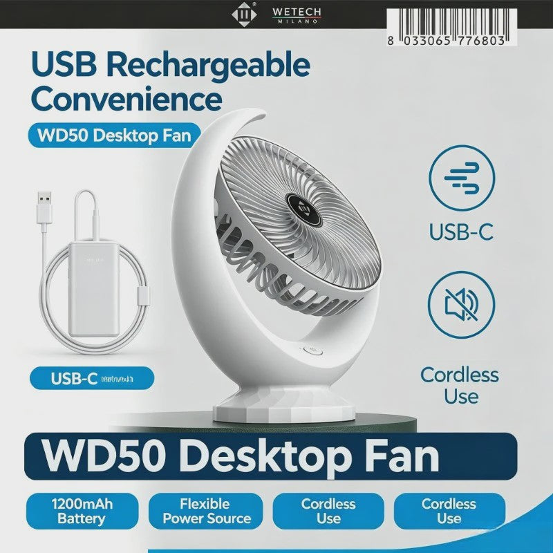 Draagbare USB Bureauventilator WD50 - Stil, Oplaadbaar met 3 Snelheden en 1200mAh Batterij