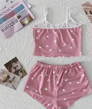 Dames Pyjama Set Hartjes Print - Cropped Cami Top met Strik & Elastische Shorts