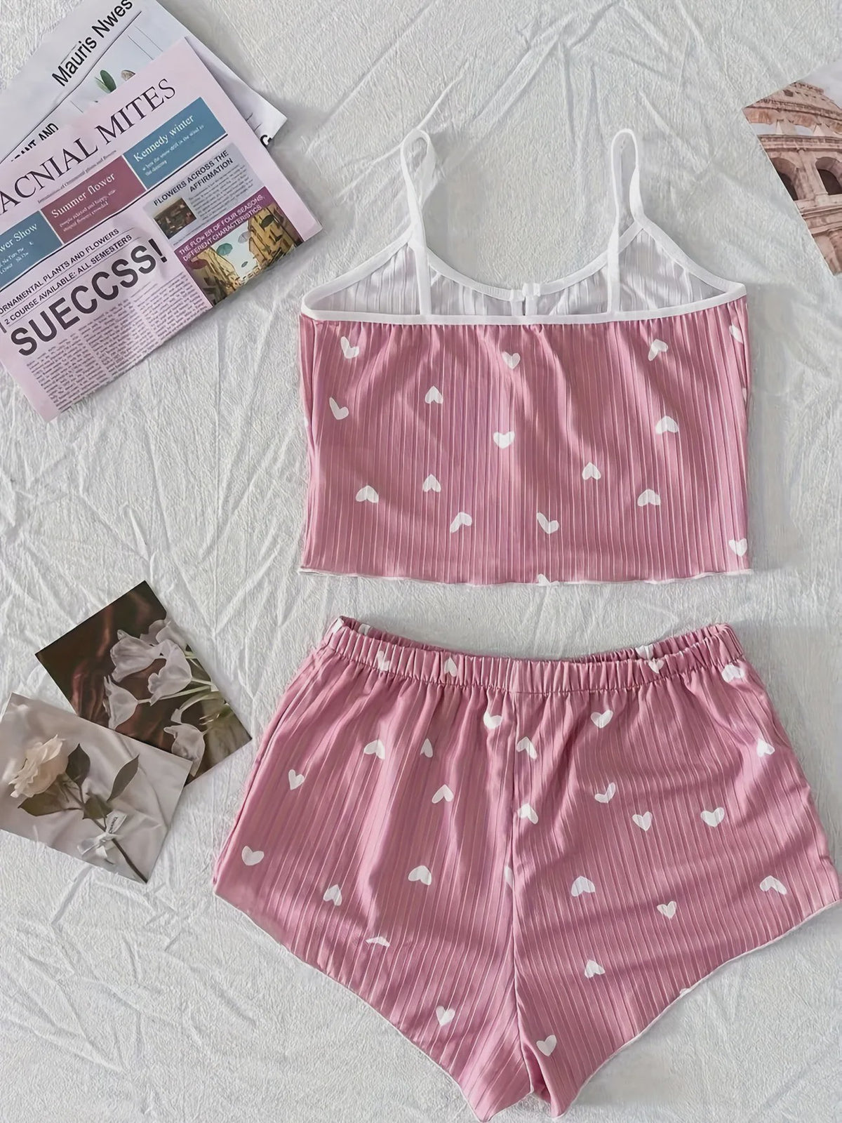 Dames Pyjama Set Hartjes Print - Cropped Cami Top met Strik & Elastische Shorts
