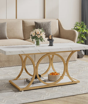 Moderne Rechthoekige Salontafel met 2 etages en Marmerlook & Gouden Frame