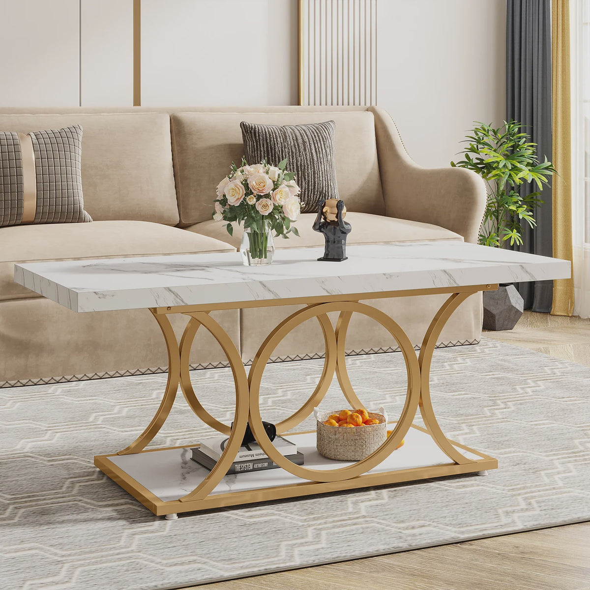 Moderne Rechthoekige Salontafel met 2 etages en Marmerlook & Gouden Frame