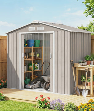 Outsunny Tuinhuis 2.77 m² - Gereedschap Opslag met Fundering, Lichtbruin Staal