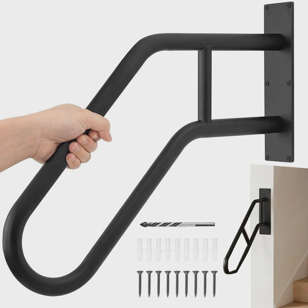 Wandmontage Trapleuning 66cm - Zwart Gesmeed IJzer - Antislip U-Grip - 220kg Belastbaar