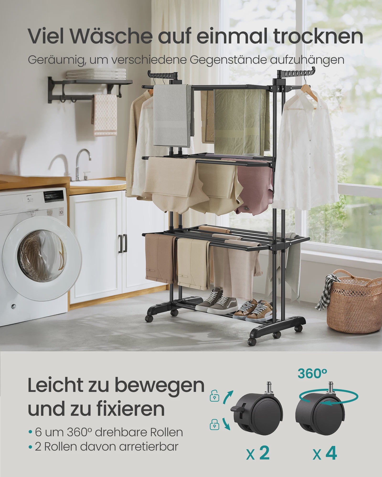SONGMICS 4-laags droogrek met inklapbare vleugels en wielen - Ruim en flexibel