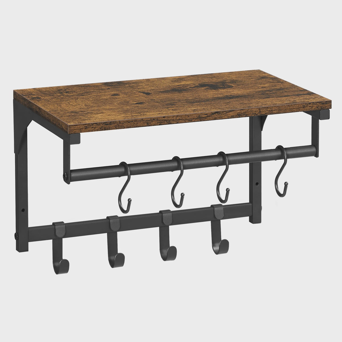 Wandkapstok met Plank en 8 Haken - Industrieel Design, 40x24x24 cm