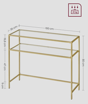 VASAGLE Console Tafel met 2 Glazen Legborden - Goudkleurig Metaal - 100x35x80 cm