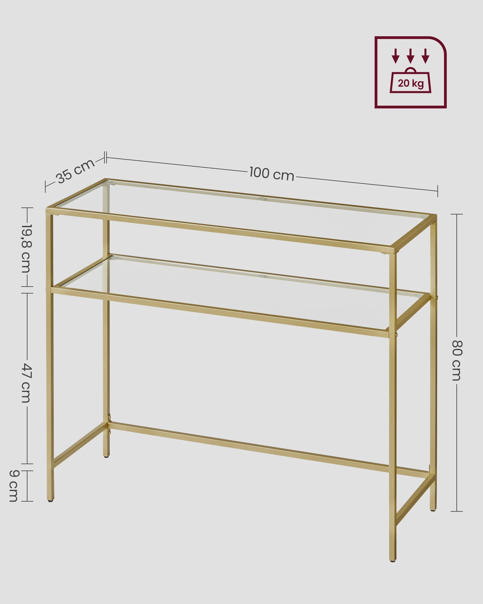 VASAGLE Console Tafel met 2 Glazen Legborden - Goudkleurig Metaal - 100x35x80 cm