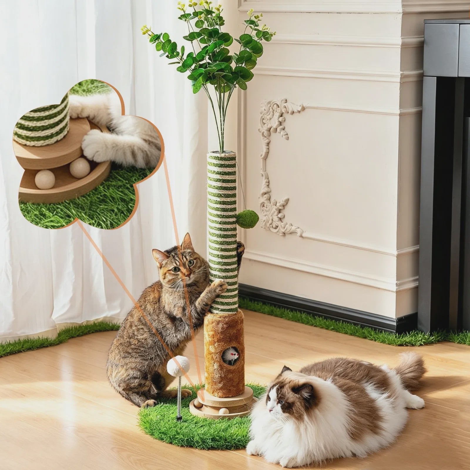 Luxe Kattenkrabpaal met Hangende Bal en Speeltoren - Natuurlijk Sisal Touw